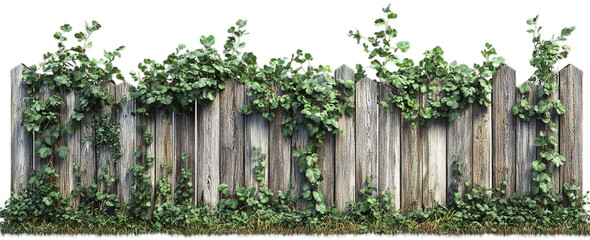 Fototapeta premium An old wooden fence surrounded by lush green plants