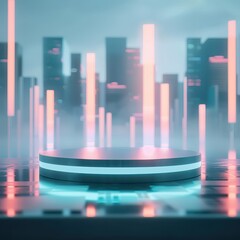 Sci-fi inspired 3D podium surrounded by floating holographic displays, futuristic cityscape background, cyberpunk color scheme, dynamic lighting effects, highly detailed digital art style