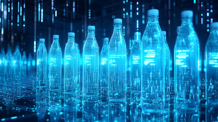 Cutting-edge digital bottles futuristic warehouse 3d visualization urban environment close-up view sustainability concept