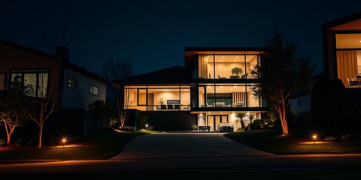 Stylish modern home with glass front facade illuminated by warm interior lights at night, warm, architecture