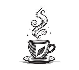 Black and white one line art icon drawing a coffee with white background