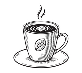 Black and white one line art icon drawing a coffee with white background