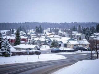 Fototapeta premium Suburban houses with snow-covered roofs in a Canadian residential area, traditional, cold