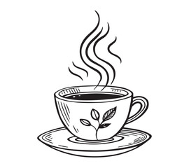 Black and white one line art icon drawing a coffee with white background