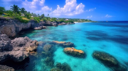 Fototapeta premium Tropical beach coastline, turquoise water, rocks, idyllic vacation