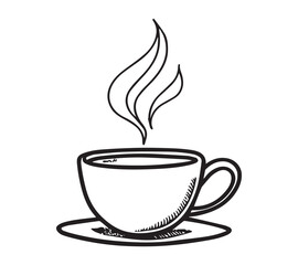 Black and white one line art icon drawing a coffee with white background
