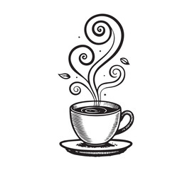 Black and white one line art icon drawing a coffee with white background