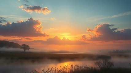 Surreal landscape with floating orbs in vibrant sunset, otherworldly, serenity