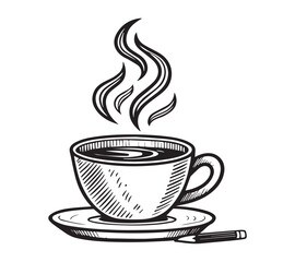 Black and white one line art icon drawing a coffee with white background