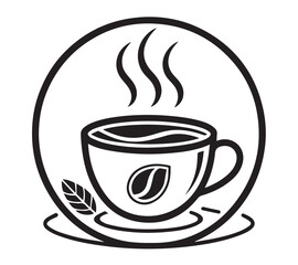 Black and white one line art icon drawing a coffee with white background