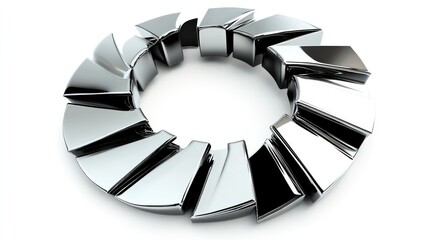 Abstract 3D circle graph with chrome-finished slices and dynamic angles, isolated on white.