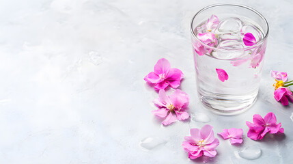 Refreshing floral water drink with ice cubes serene indoor setting culinary art aesthetic presentation