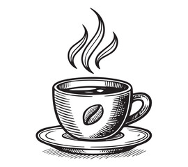 Black and white one line art icon drawing a coffee with white background