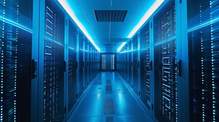 Futuristic blue lit datacenter corridor with towering server racks and glowing technology infrastructure  Modern digital technology and cloud computing concept