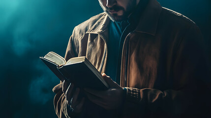 A man wearing a jacket reading the Bible
