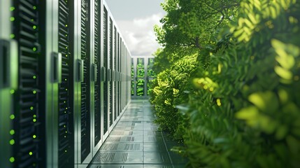 Futuristic data center encased in a lush verdant landscape showcasing the seamless of cutting edge technology and the natural world