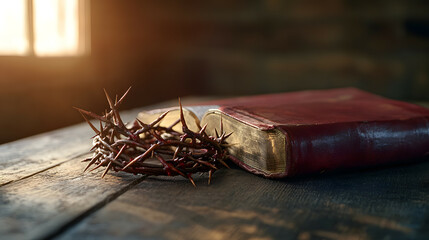 Fototapeta premium An old, worn Bible on an old wooden desk with a crown of thorns next to it