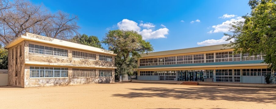 A view of two school buildings surrounded by a sandy area and trees under a blue sky.