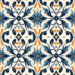 Elegant Floral Pattern with Blue and Orange Accents on Cream Background for Modern Textile or Wallpaper Design