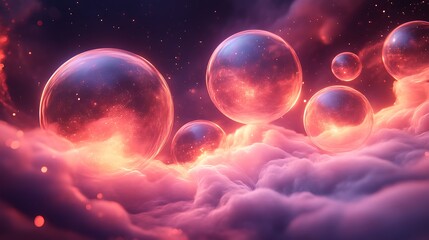 Fototapeta premium Glowing orbs float on a dreamy cloud landscape.