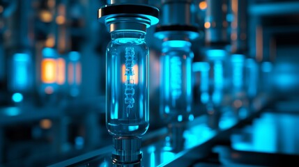 Advanced nanotechnology laboratory with glowing medical nanobots suspended in sterile containment units