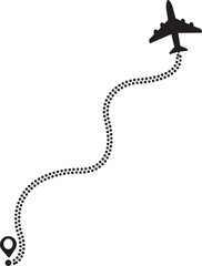 Airplane route path icon. The flight path of the aircraft from the point of location along the dotted line. Flight route from a waypoint with an airplane silhouette isolated on transparent background.
