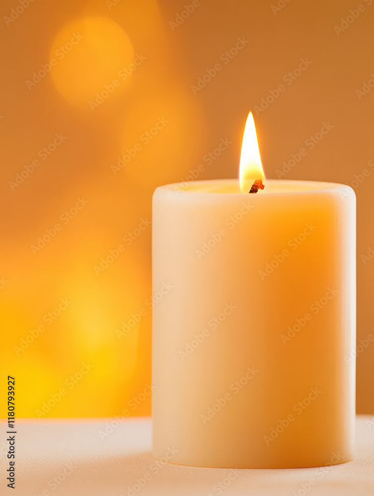Poster warm, glowing candle illuminates soft background, creating serene atmosphere. flickering flame adds 