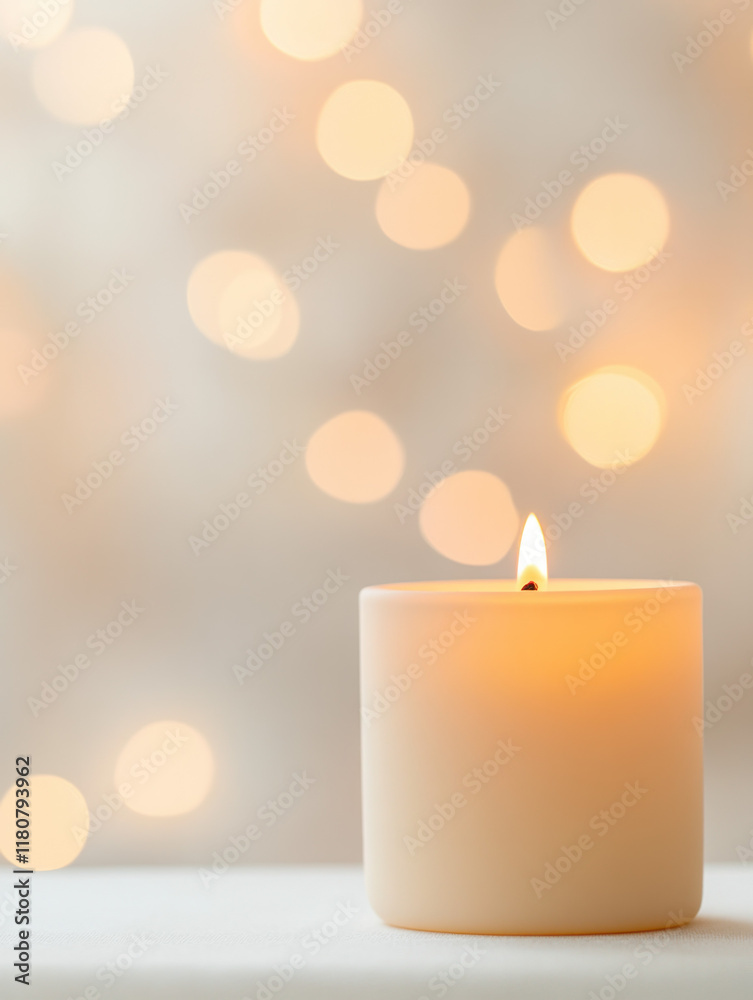 Poster glowing candle illuminates soft background of warm bokeh lights, creating serene atmosphere
