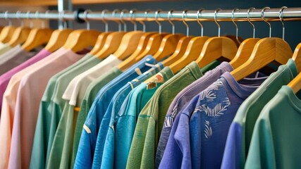 Colorful assorted clothes on wooden hangers in fashion retail store
