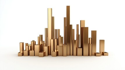 Abstract 3D bar graph with irregular heights and metallic gold bars, isolated on white.