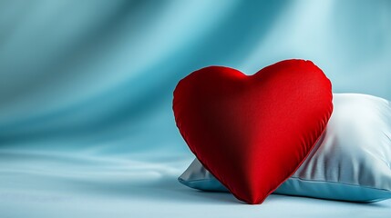 Fototapeta premium Closeup of a luxurious heart shaped pillow with a vibrant red satin texture glowing softly in a cozy intimate bedroom setting The plush cushion evokes feelings of love romance and comfort