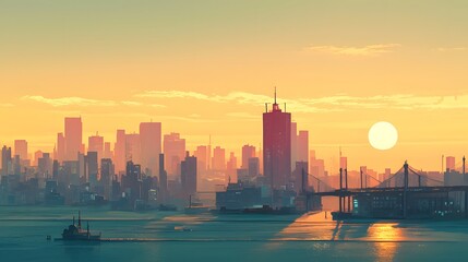 Fototapeta premium A calm cityscape during the early morning, with tall buildings silhouetted against the soft light of the rising sun