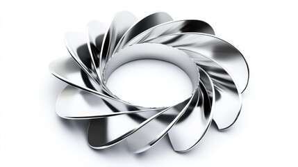 Abstract 3D circle graph with chrome-finished slices and dynamic angles, isolated on white.