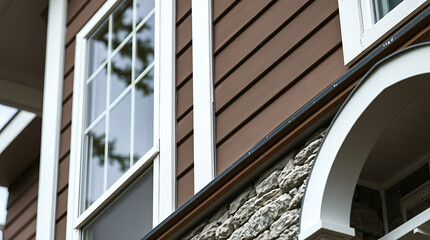 Fototapeta premium Close-up view of a house exterior. Features brown siding, white window frames, a multi-paned window, and a stone foundation with an arched entryway detail.