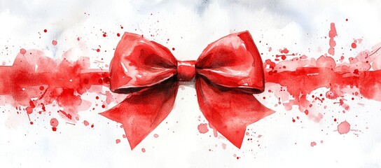 Watercolor red bow with ribbon and splatters.
