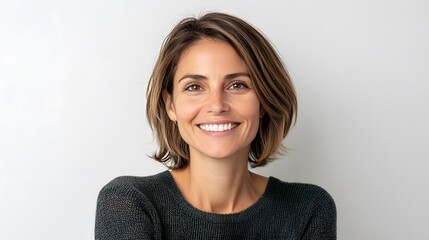 Fototapeta premium Smiling woman portrait studio photography neutral background close-up happiness and confidence