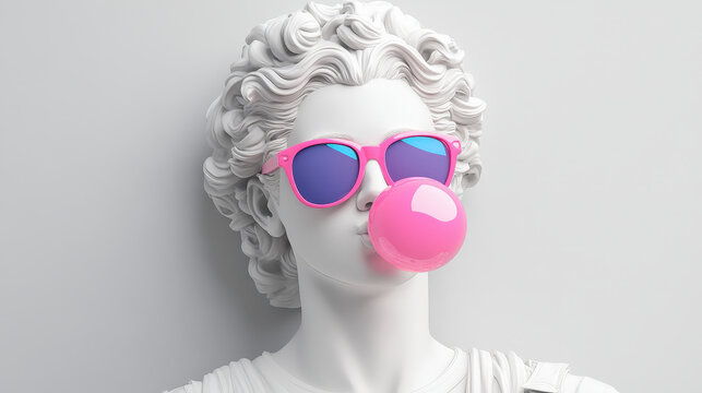 Modern 3D Female Sculpture of Greek God Blowing Pink Gum, Adorned with Stylish Sunglasses, Evoking a Playful and Contemporary Aesthetic