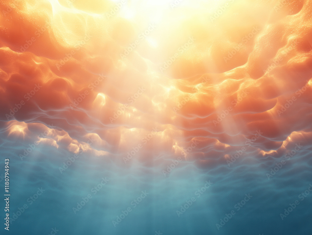 Poster beneath shimmering surface, sunlight dances through ocean waves, creating serene underwater scene