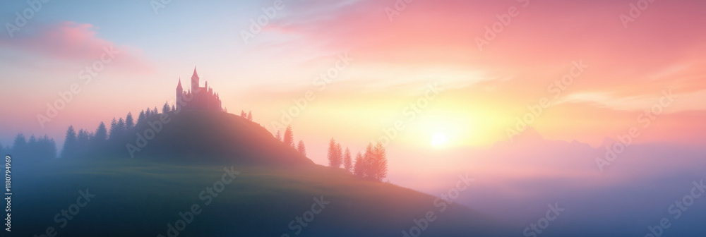 Wall mural mystical castle sits atop hill, surrounded by trees at sunrise. soft colors of dawn create serene atmosphere