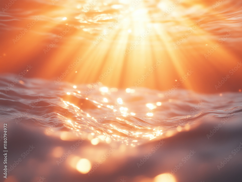 Poster serene ocean scene with sunlight reflecting on gentle waves, creating warm, tranquil atmosphere