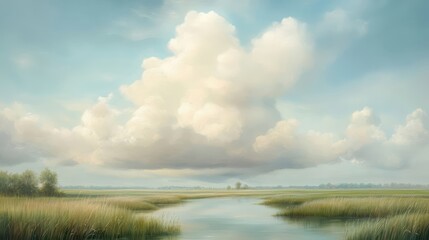 Fototapeta premium A painting of a cloudy sky with a river in the foreground