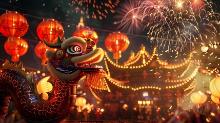 Dragon Dance Performance During Festive Fireworks Display