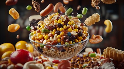 Colorful mix of healthy snack ingredients kitchen table food photography indoor aerial view nutritional variety
