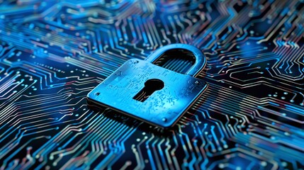 Security Lock Icon on Digital Circuit Board Pattern Background Representing Cybersecurity Data Protection and Access Control in the Digital Landscape
