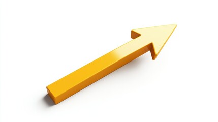Bold yellow 3D arrow pointing diagonally upward, modern and isolated on a white background.