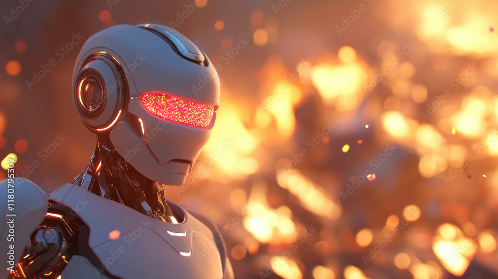 Poster futuristic robot stands amidst fiery background, showcasing advanced technology and design
