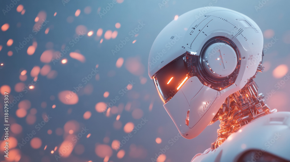 Poster futuristic robot head with glowing eyes and intricate details, surrounded by floating particles, evo