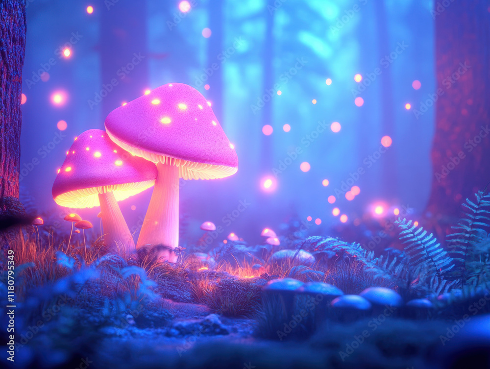 Aufkleber glowing mushrooms in mystical forest with soft blue light and sparkles