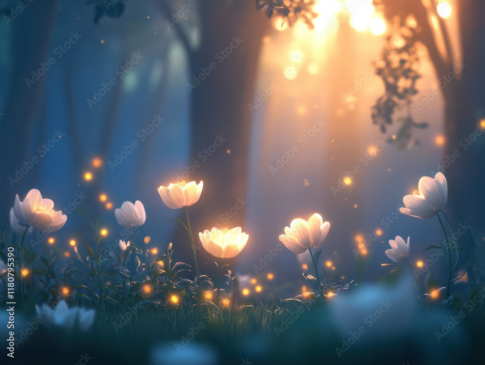 Poster serene forest scene with glowing flowers and soft light. enchanting atmosphere evokes sense of tranq