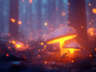 Glowing mushrooms in mystical forest with ethereal lights and fog